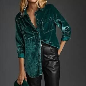 Anthropologie Hadley Relaxed Buttondown Shirt Green Velvet Edition